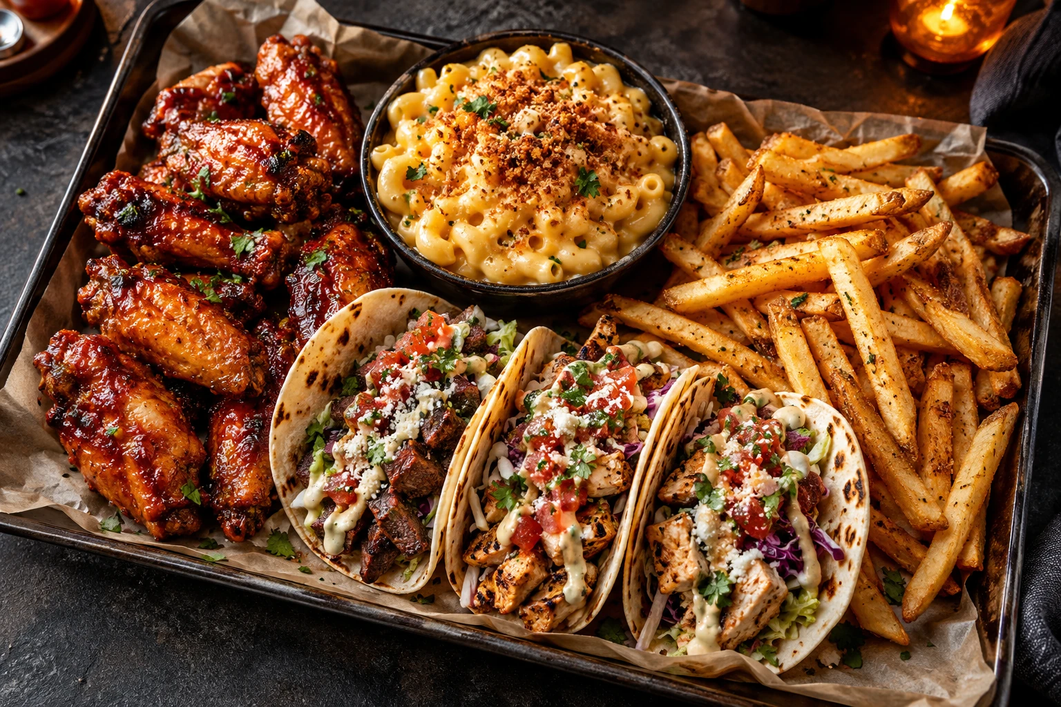 Concept spread of wings, tacos, fries, and mac and cheese